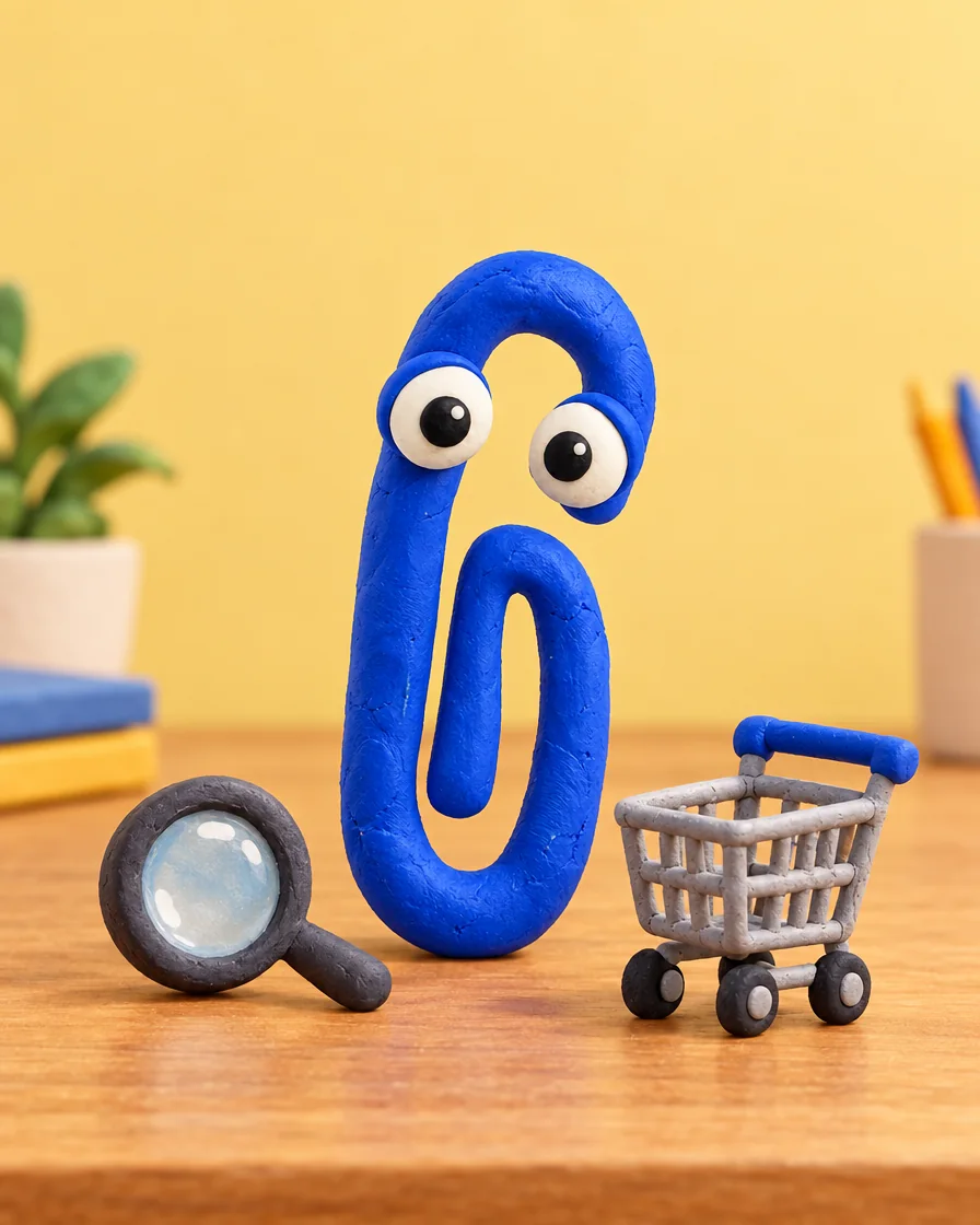 A blue clay paperclip with big googly eyes stands on a desk between a small magnifying glass and a tiny shopping cart