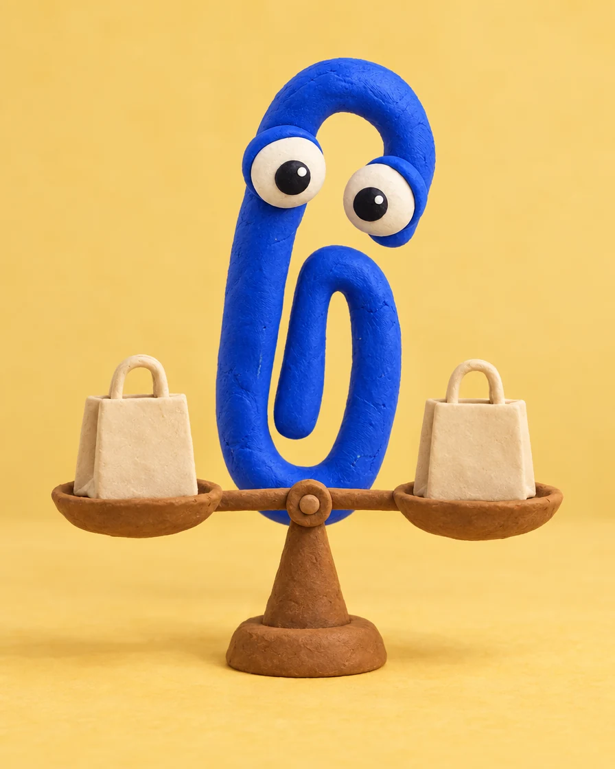 Clippy, a cobalt clay paperclip with big curious eyes, stands behind a clay balance scale holding two identical shopping bags.