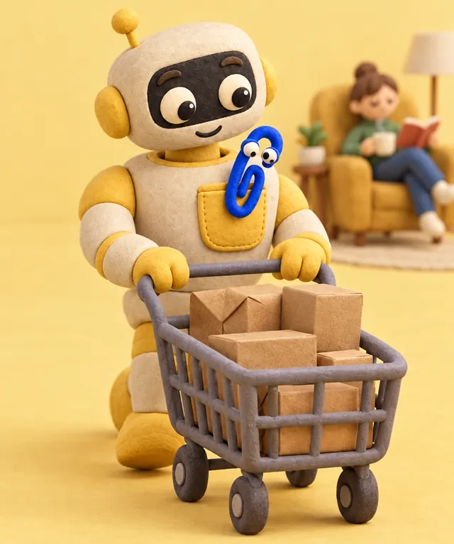 A cream-and-mustard clay robot pushes a shopping cart, with Clippy the cobalt clay paperclip riding in its pocket